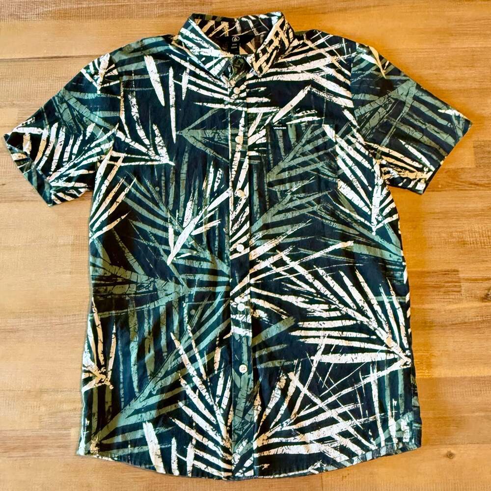 Volcom Mens Short Sleeve Button-Up Tropical Palm Leaf Print Shirt Medium